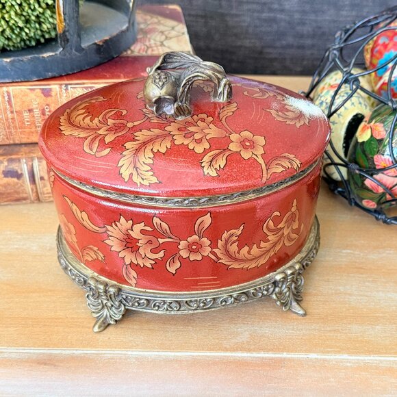 Large Vintage Porcelain and Brass Oval Trinket Box in Rust and Gold - Picture 15 of 17